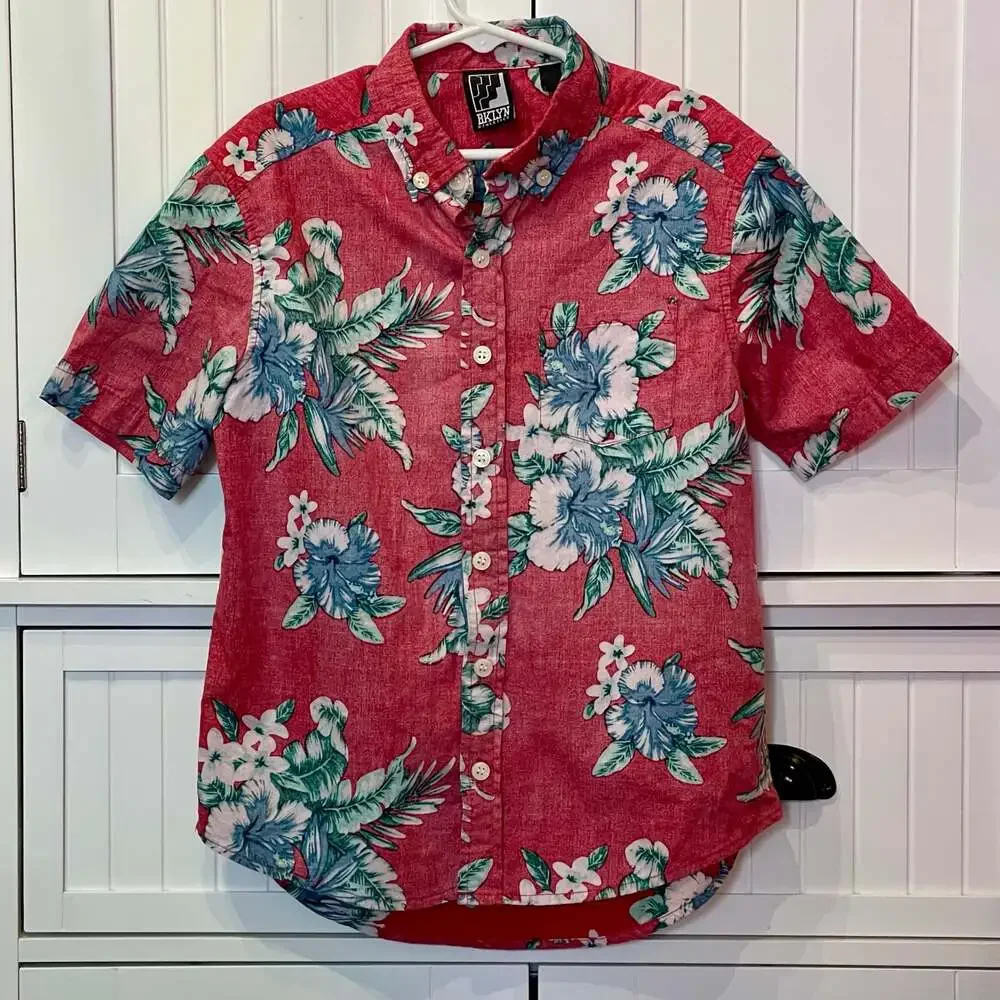 Brooklyn Athletics Youth SM Hawaiian Aloha Shirt Vintage Casual Button Down Tee